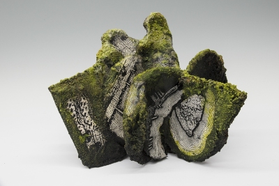 BY A SHALLOW CHANNEL, 2019, Sculptural book, screen prints on paper, pigment, sand, and fungi,14.5 x 15x 12 inches