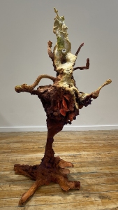 Multitasker, 2023, prints on paper, wool, plastic, metal, wood, crushed glass, mirrors, and pigments, 54 x 30 x 30 inches