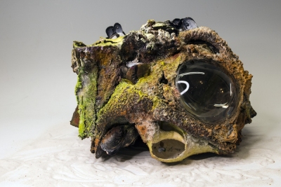 MAGNIFIED, 2019, Mixed media paper sculpture, carborundum monoprints, magnifying lens, pigment, shells, crushed glass, and sand, 10 x 17 x 14 inches