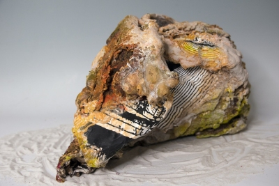 UNDER WATER. 2021, Mixed media paper sculpture, screen print, pigment, shells, crushed glass, and sand 13 x 21 x 14 inches