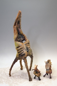 MOLTANTING, 2021, Mixed media sculpture, screen print, paper, pigment, plastic, crushed glass, and sand, 23 X 10 X 10 inches and 5- and 6-inch-tall naiads.