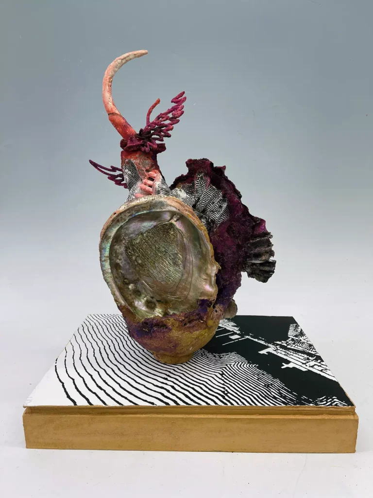 SITTING ON THE DOCK, 2026, serigraph and collagraph prints on paper, wood, turntable  28.5 x17x13